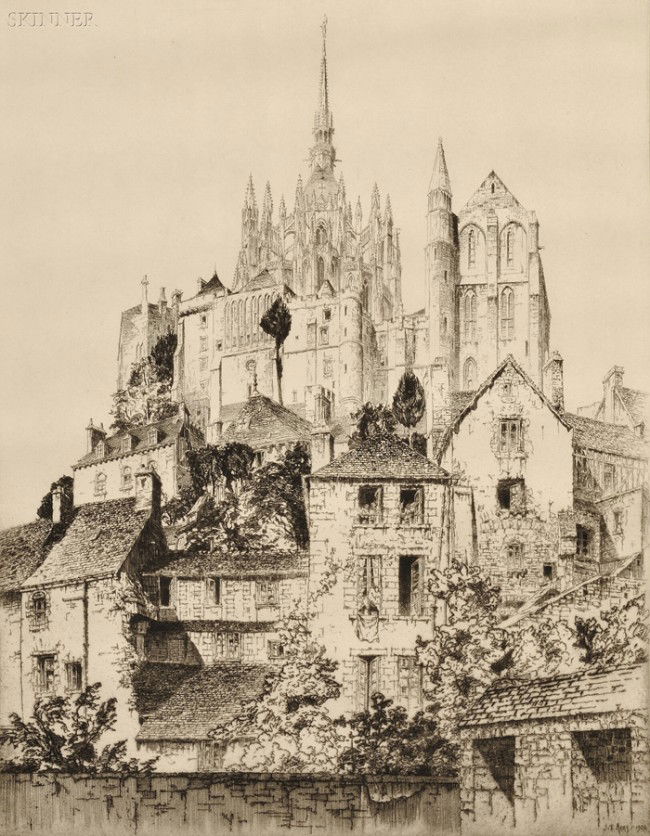 John Taylor Arms (American, 1887-1953) Mont-Saint-Mi: John Taylor Arms (American, 1887-1953) Mont-Saint-Michel, 1926, edition of 100 plus proofs (Fletcher, 182). Signed and dated "John Taylor Arms-1926-" in pencil l.r., signed and dated within the plate.