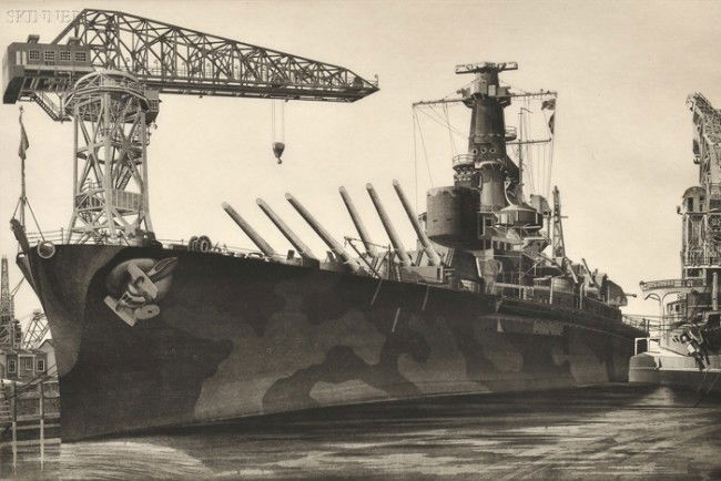 John Taylor Arms (American, 1887-1953) Lot of Two Wa: John Taylor Arms (American, 1887-1953) Lot of Two Warship Views: Battle Wagon - U.S.S. Alabama Outfitting at Norfolk Navy Yard, Crane Ship Kearsarge Alongside, 1942 (Fletcher, 376