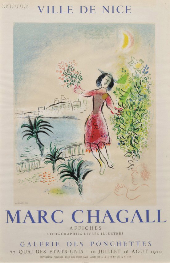After Marc Chagall (French/Russian, 1887-1985) Vill: After Marc Chagall (French/Russian, 1887-1985) Ville de Nice - Galerie des Ponchettes, 1970, printed by Charles Sorlier and published by Mourlot, Paris. Identified within the matrix. Color lithographi