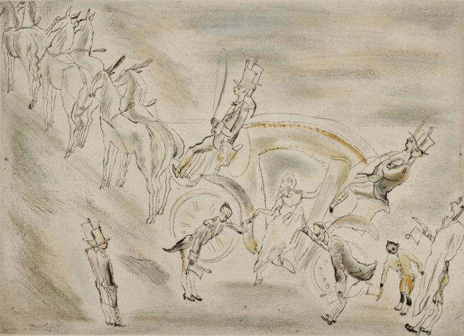 Jules Pascin (French, 1885-1930) Cinderella Arrivi: Jules Pascin (French, 1885-1930) Cinderella Arriving at the Ball, c. 1929, edition of 40. Numbered and signed "23/40 pascin" in pencil l.r., signed within the plate. Soft ground etching with color on