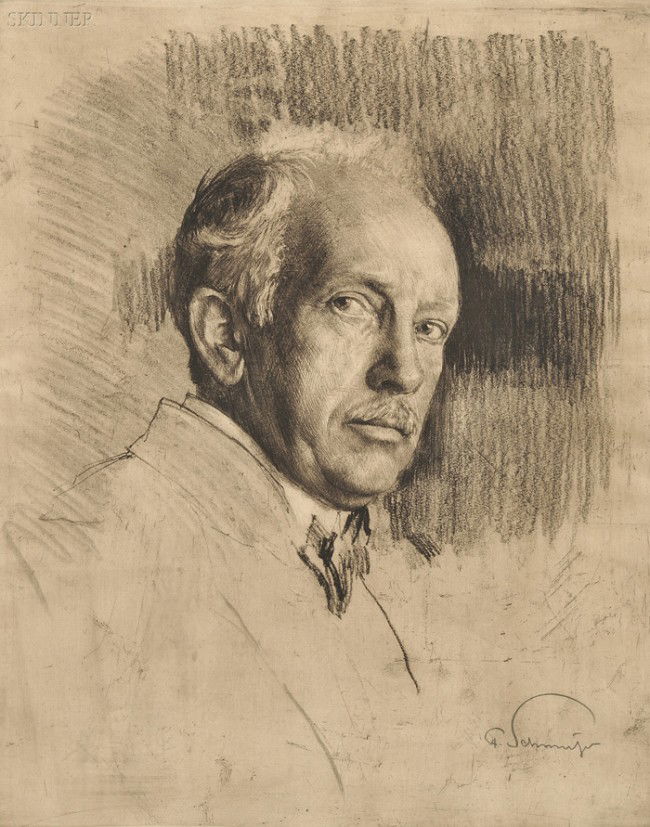 Ferdinand Schmutzer (Austrian, 1870-1928) Richard: Ferdinand Schmutzer (Austrian, 1870-1928) Richard Strauss, c. 1923, edition of 50. Signed "F. Schmutzer" in pencil (within the image) l.r., numbered "41/50" in pencil l.l. Etching with soft ground on