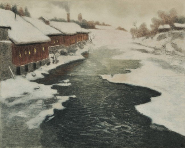 Frits Thaulow (Norwegian, 1847-1906) Winter in Nor: Frits Thaulow (Norwegian, 1847-1906) Winter in Norway. Signed "Frits Thaulow" in pencil l.r., numbered "112." in pencil l.l., Georges Petit Editeurs dry stamp l.l. Color etching with aquatint on paper