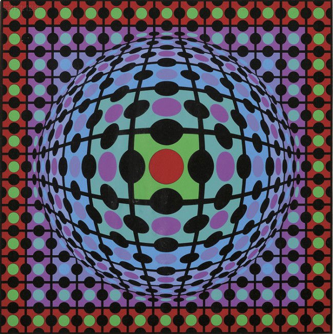 Victor Vasarely (French/Hungarian, 1908-1997) Unti: Victor Vasarely (French/Hungarian, 1908-1997) Untitled (Multicolored Sphere with Polka Dots), edition of 250. Signed "Vasarely-" in pencil l.r., numbered "1/250" in pencil l.l. Color screenprint on pa