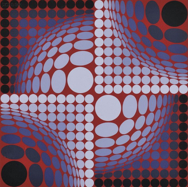Victor Vasarely (French/Hungarian, 1908-1997) Unti: Victor Vasarely (French/Hungarian, 1908-1997) Untitled (Spheres in Blue-gray and Maroon), edition of 250. Signed "Vasarely-" in pencil l.r., numbered "1/250" in pencil l.l. Color screenprint on paper,