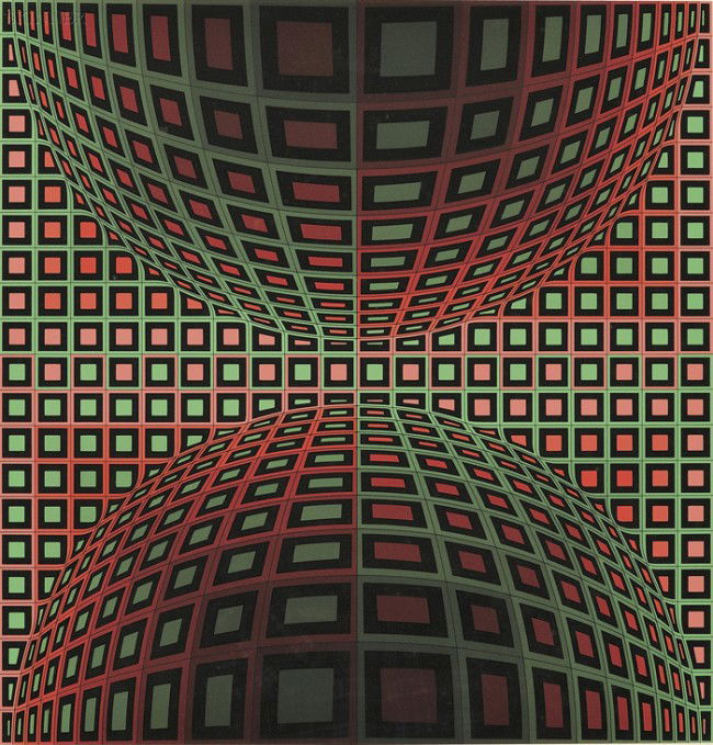 Victor Vasarely (French/Hungarian, 1908-1997) Unti: Victor Vasarely (French/Hungarian, 1908-1997) Untitled (Two Spheres in Green and Rose), edition of 250. Signed "Vasarely-" in pencil l.r., numbered "1/250" in pencil l.l. Color screenprint on paper, i