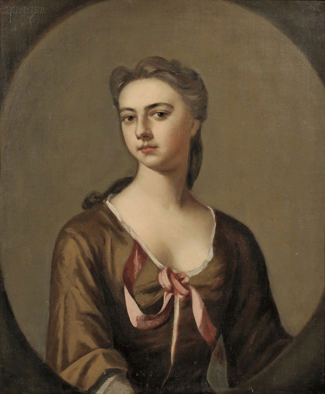 British School, 18th Century The Rose Ribbon/Portr: British School, 18th Century The Rose Ribbon/Portrait of a Lady Unsigned, with a detached partial label on a scrap of canvas inscribed "The poet Cowper's Mu..." affixed to the frame backing, and with