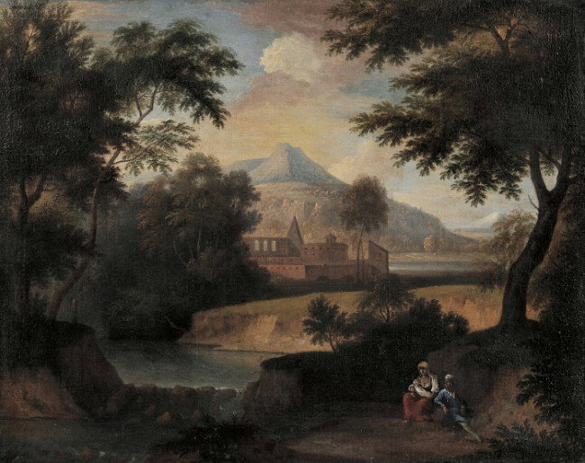 Continental School, 19th Century Panorama with Pea: Continental School, 19th Century Panorama with Peasant Family at Rest Unsigned. Oil on canvas laid on board, 25 3/4 x 32 1/2 in. (65.0 x 82.7 cm), framed. Condition: Scattered retouch, craquelure, sur