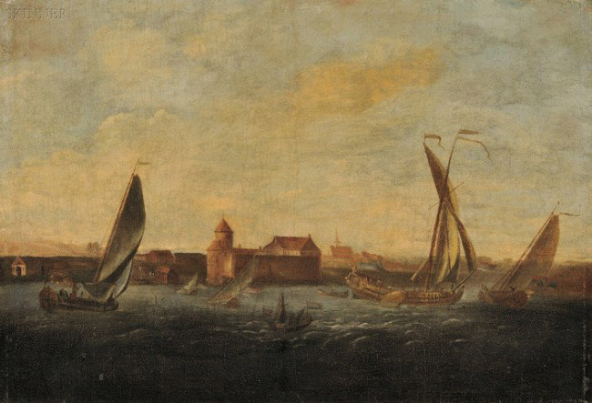 Dutch School, 18th Century Style Animated Harbor V: Dutch School, 18th Century Style Animated Harbor View with Coastal Craft Unsigned. Oil on canvas, 17 1/2 x 25 1/2 in. (44.4 x 64.8 cm), framed. Condition: Lined, retouch, skinning, craquelu