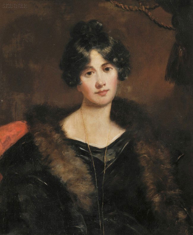 Attributed to Thomas Sully (American, 1783-1872) P: Attributed to Thomas Sully (American, 1783-1872) Portrait of a Young Woman with a Fur Stole and a Gold Chain Unsigned, inscribed indistinctly "...son/..Black Velvet dress" in ink and incised "Mrs. Cut