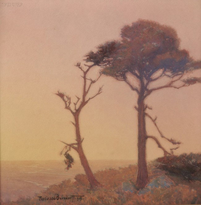 Ferdinand Burgdorff (American, 1881-1975) Sunset /: Ferdinand Burgdorff (American, 1881-1975) Sunset / A California Coastal View with Cypress Signed and dated "Ferdinand Burgdorff 1919" l.l., inscribed "F. Burgdorff/ Garzoli Collection" on the