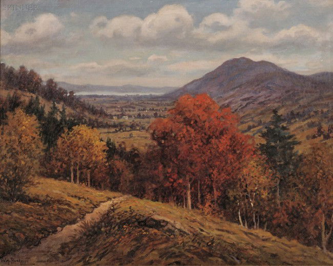 William Frederick Paskell (American, 1866-1951) Au: William Frederick Paskell (American, 1866-1951) Autumn Valley Signed "Wm. Paskell" l.l. Oil on canvas, 19 3/4 x 25 in. (50.2 x 63.2 cm), framed. Condition: Old retouch, craquelure, surface grime.