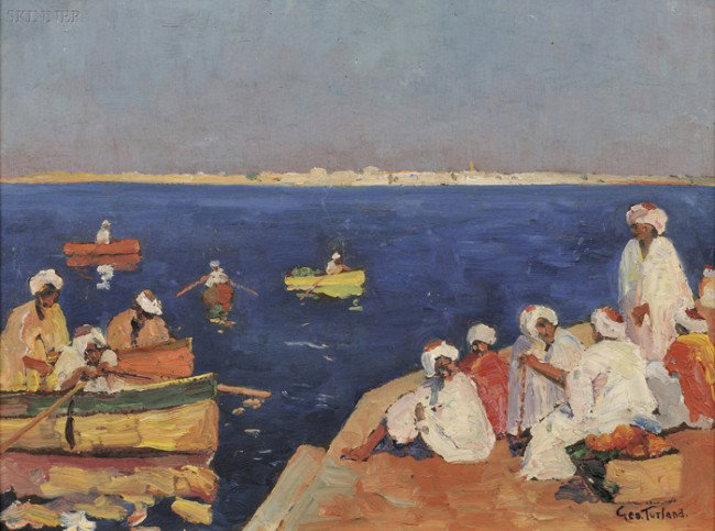 George Turland Goosey (American, 1877-1947) Figure: George Turland Goosey (American, 1877-1947) Figures by the Shore, Tunisia Signed "Geo. Turland." l.r. Oil on paperboard, 12 x 16 in. (30.5 x 40.6 cm), framed. Condition: Minor surface grime.