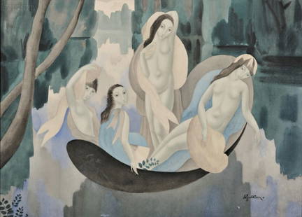 Louis-Marie Jullien (French, 1904-1982) Nudes in a: Louis-Marie Jullien (French, 1904-1982) Nudes in a Landscape Signed "LMJullien." l.r. Watercolor on paper/board, sight size 21 1/2 x 29 7/8 in. (54.6 x 76.0 cm), framed. Condition: Foxing, subtle toni