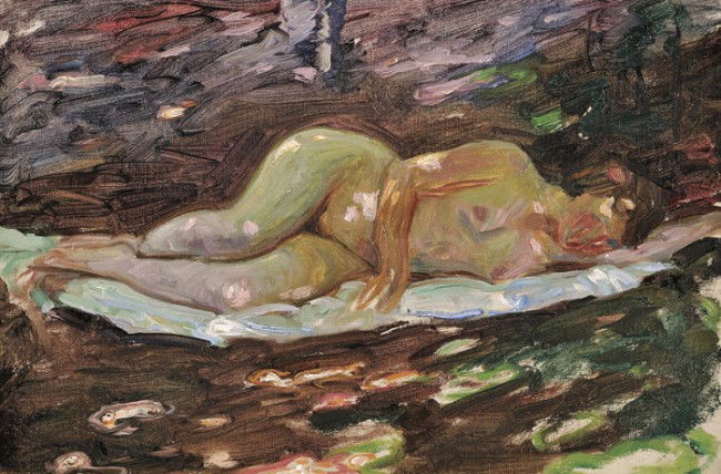 Sigismund Ivanowski (American, 1875-1944) Nude Rec: Sigismund Ivanowski (American, 1875-1944) Nude Reclining in a Landscape Unsigned, stamped "I certify that this painting is/by SIGISMUND IVANOWSKI/ Mr. David Scott Perry/(Grandson)" in two places on th