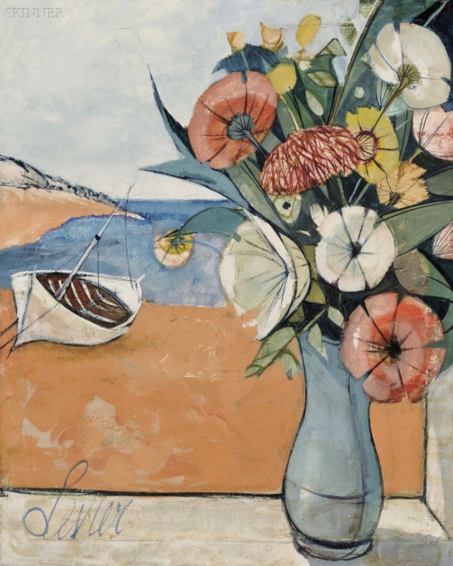 Charles Levier (French, 1920-2003) Fleurs sur la P: Charles Levier (French, 1920-2003) Fleurs sur la Plage Signed "Levier" l.l., titled, signed, and inscribed "... Ch. Levier/CLO 94" on the reverse. Oil on canvas, 30 x 24 in. (76.3 x 61.0 c