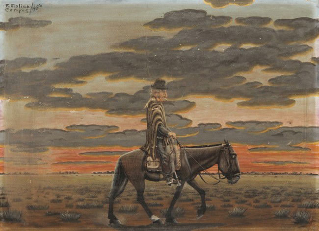 Florencio Molina Campos (Argentine, 1891-1959) Vie: Florencio Molina Campos (Argentine, 1891-1959) View of a Man on Horseback, 1950 Signed and dated "F. Molina Campos/ 950" u.l., inscribed "El Ch... viejo" in pencil on the reverse. Tempera on