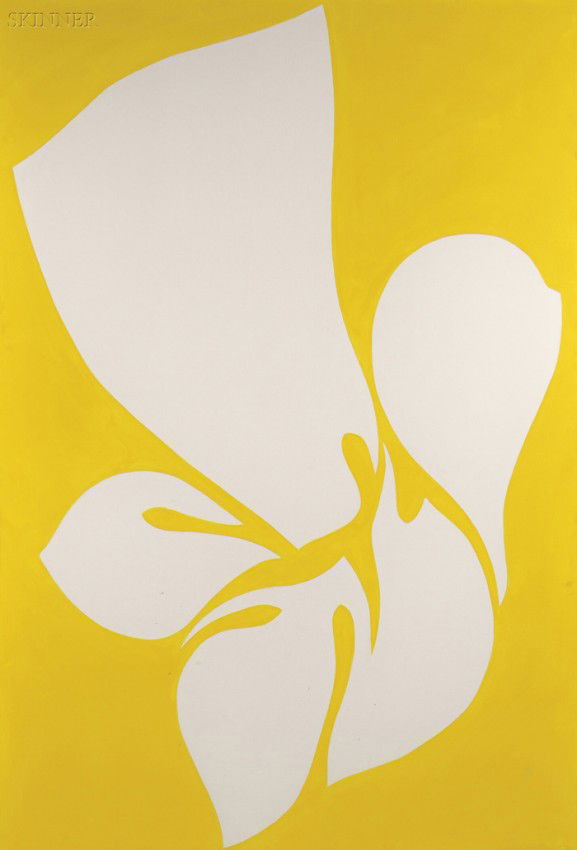 Jack Youngerman (American, b. 1926) May Yellow Tit: Jack Youngerman (American, b. 1926) May Yellow Titled, signed, dated, and inscribed "...Youngerman 1969..." on the reverse. Oil on canvas, 80 x 55 in. (203.2 x 139.7 cm), framed. Condition: