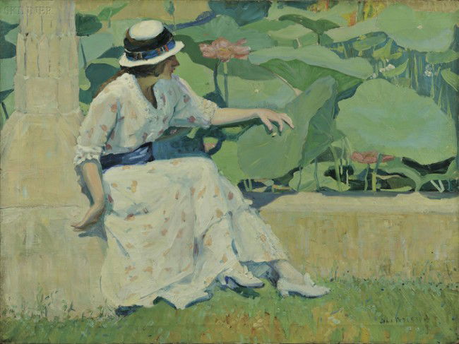 Jane Peterson (American, 1876-1965): Jane Peterson (American, 1876-1965) Lotus Flower Signed "Jane Peterson" l.r., titled in pencil on the stretcher. Oil on canvas, 30 x 40 in. (76.2 x 101.6 cm), framed. Condition: Minor retouch, craquel