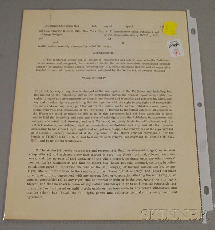 Three Duke Ellington and Johnny Hodges Dual Highway: Three Duke Ellington and Johnny Hodges Dual Highway Songwriting Contracts, April 1, 1958, for Tempo Music, each of the three contracts signed only by Duke Ellington.