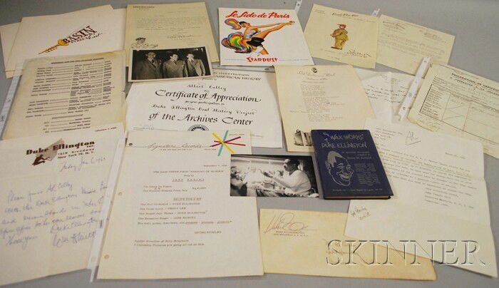 Duke Ellington and Al Celley Related Ephemera and C: Duke Ellington and Al Celley Related Ephemera and Correspondence, including 1950 Swedish photograph and typed letter, a Peter Hurd watercolor sketch, a copy of Wax Works, and an instrument list, fifte