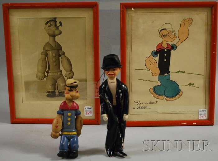 Three "Popeye" Items and a Painted Hard Rubber "Cha: Three "Popeye" Items and a Painted Hard Rubber "Charlie McCarthy" Figure/Doll, a King Features Syndicate painted hard rubber "Popeye" figure/doll, a framed vintage photograph of a "Popeye" figure/doll