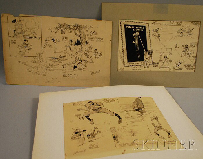 Three Pieces of Wallace Goldsmith Circa 1910 Baseb: Three Pieces of Wallace Goldsmith Circa 1910 Baseball Original Newspaper Cartoon Art, ink on paper, two depicting the Pittsburgh Pirates and the Chicago Cubs, one depicting the Boston Red Sox and Clev