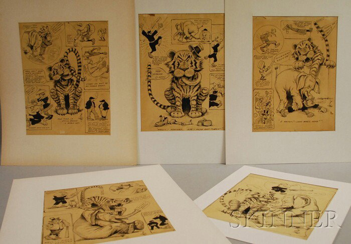 Five 1908 American League Playoffs Baseball Origin: Five 1908 American League Playoffs Baseball Original Newspaper Cartoon Art, ink on paper, depicting the Detroit Tigers, Philadelphia Athletics, Chicago White Sox, Cleveland Indians, Boston Red Sox, et