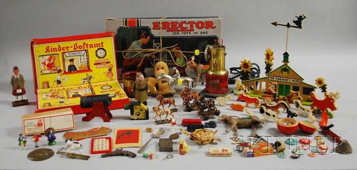 Lot of Vintage Toys, Collectibles, Etc., including: Lot of Vintage Toys, Collectibles, Etc., including a Weeden steam engine, an Erector set, monkey hand puppet, two German toy sets, painted composition figures, a cloth donkey figure, a Jennings Bros.