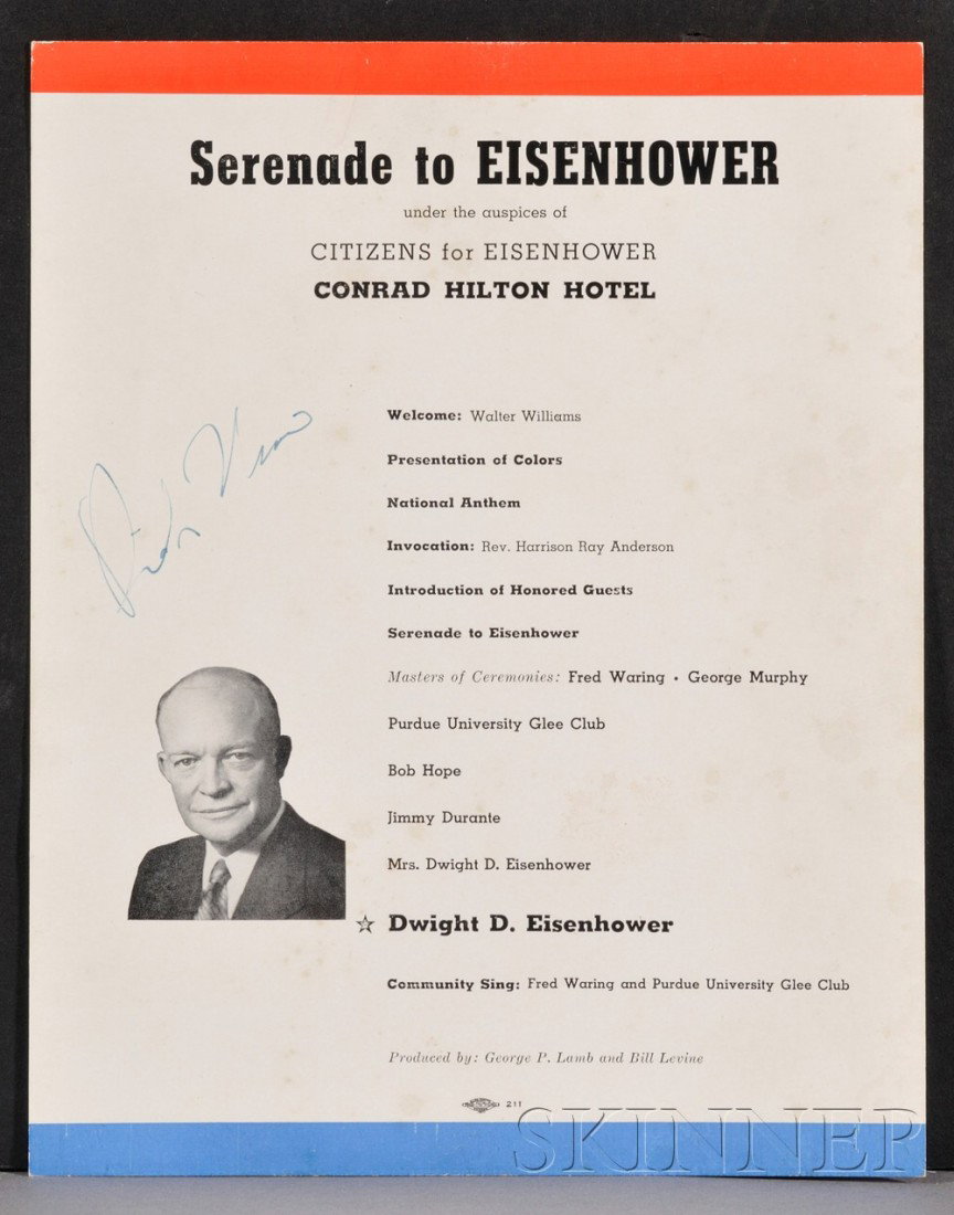 Nixon, Richard Millhouse (1913-1994), Signed campa: Nixon, Richard Millhouse (1913-1994), Signed campaign sheet, [1955], on a program entitled "Serenade to Eisenhower under the Auspices of Citizens fro Eisenhower," with full signature in the left margi