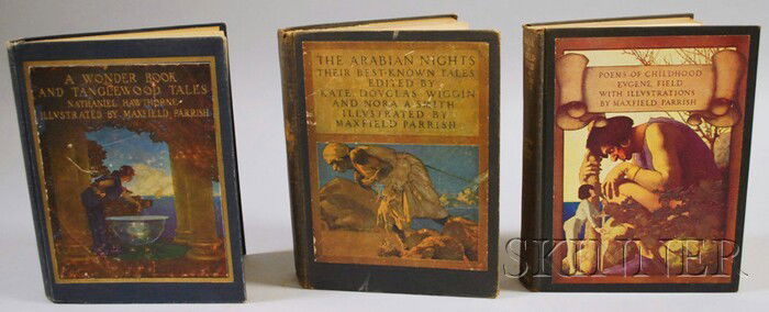 Three Maxfield Parrish Illustrated Books, Poems of: Three Maxfield Parrish Illustrated Books, Poems of Childhood, 1904; The Arabian Knights, 1919; and A Wonder Book and Tanglewood Tales, 1920, (some wear, one binding with stain/discolor, assu
