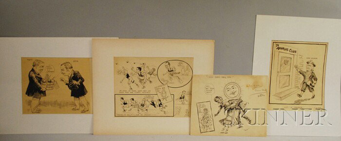 Four Pieces of Paul Brown Original Newspaper Carto: Four Pieces of Paul Brown Original Newspaper Cartoon Art, c. 1910, ink on paper, including "How Dare You, Sir!"; a depiction of Taft and Guild; a political athletic event; "Ye Ananias Club, George Was