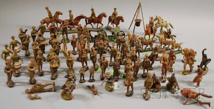 Collection of Painted Composition Toy Soldiers and: Collection of Painted Composition Toy Soldiers and Figures, including Elastolin and Lineol, WWI, cowboys and Indians, European, etc., approx. seventy-five.