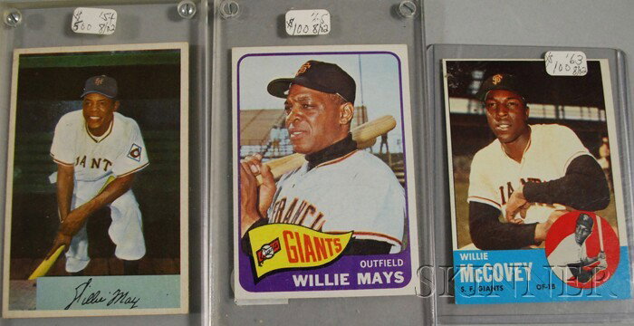 Bowman 1954 Willie Mays Baseball Card, Topps 1965 : Bowman 1954 Willie Mays Baseball Card, Topps 1965 Willie Mays Baseball Card, and a Topps 1963 Willie McCovey Baseball Card.