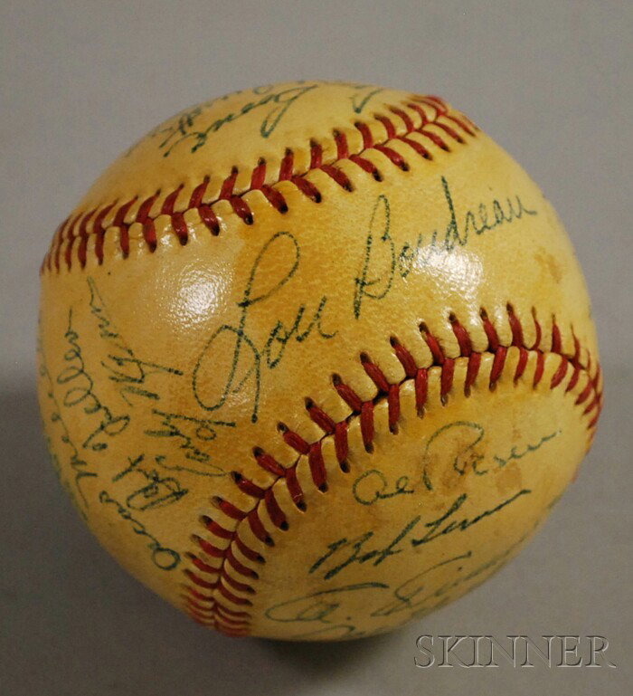 1950 Cleveland Indians Autographed Baseball, inclu: 1950 Cleveland Indians Autographed Baseball, including Lou Boudreau, Oscar Melillo, Bob Feller, Early Wynn, Allie Clark, Mel Harder, Jim Hegan, Steve Gromek, Thurman Tucker, Luke Easter, Dick Weik, Al