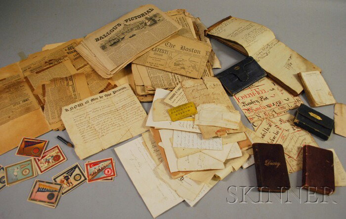 Lot of Mostly 19th Century Ephemera, including fou: Lot of Mostly 19th Century Ephemera, including four diaries, an 18th century Newburyport ledger, 19th century newspapers and documents, a group of Murad college cigarette cards, etc.