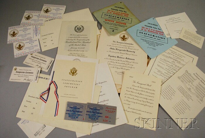 Collection of 1961 John F. Kennedy U.S. Presidenti: Collection of 1961 John F. Kennedy U.S. Presidential Inauguration and Related Memorabilia, including ceremony passes, ball invitation and tickets, reception invitations, program, auto window passes, c