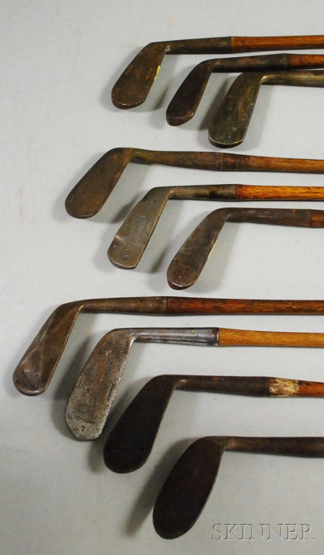 Ten Wood Shaft Golf Clubs, including Walter Apel, : Ten Wood Shaft Golf Clubs, including Walter Apel, Pinehurst Dreadnaught niblick, Wilson "Cup Defender," Irving Stringer jigger, B.J.G. Co., Everbrite putting cleek, Atco mid-iron, and Pro Golfers Assn