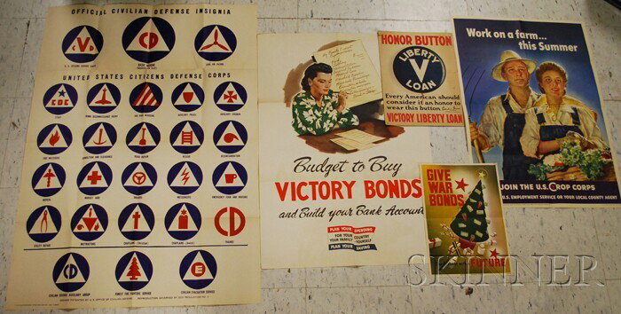 Five WWII Posters and Prints, Morgan Douglas, Work: Five WWII Posters and Prints, Morgan Douglas, Work on a farm...this summer; Official Civil Defense Insignia; Budget to Buy Bonds; Honor Button window card; and Don Snider,