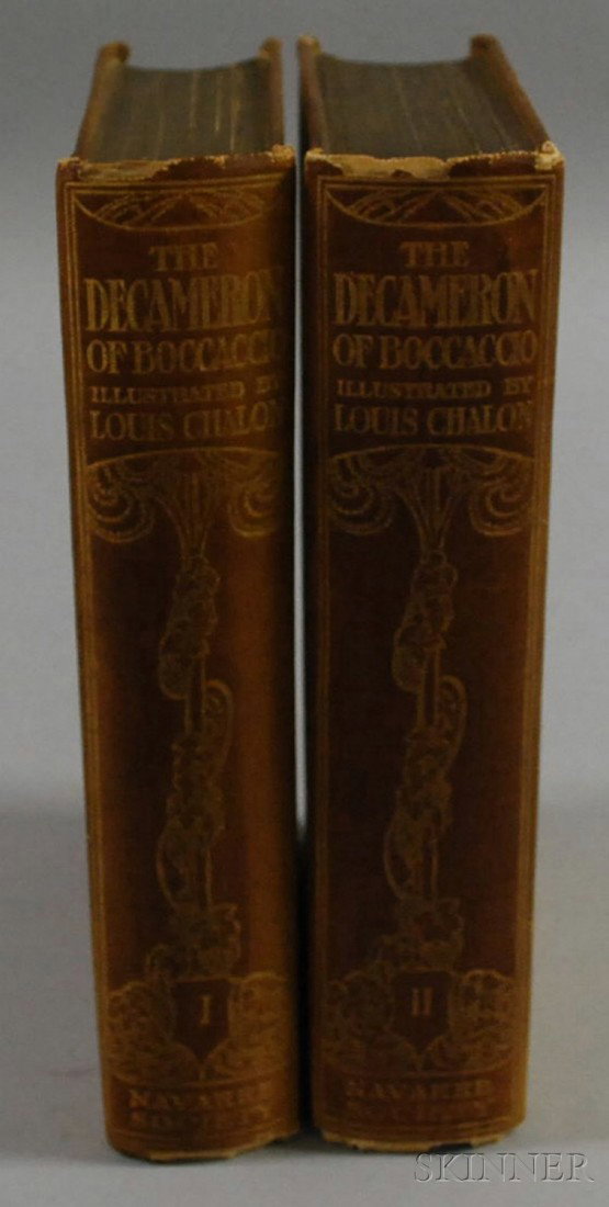 Two Works in Three Volumes, (Louis Chalon (1866-19: Two Works in Three Volumes, (Louis Chalon (1866-1940), Illustrator), Giovanni Bocaccio (1313-1375), The Decameron, London: The Navarre Society, [1921], two volumes, gilt embossed cloth, 8vo.; and Rich