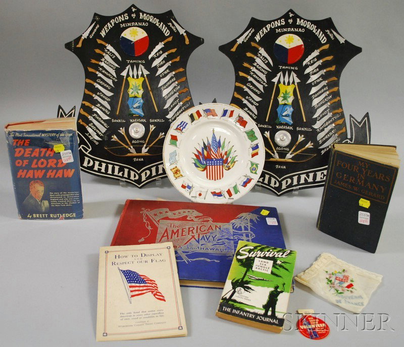 Group of WW I, II, and Militaria-related Ephemera,: Group of WW I, II, and Militaria-related Ephemera, Collectibles, and Other Items, including four books, a French embroidered hankie, an Allies plate, and a pair of Philippines edged weapons plaques.