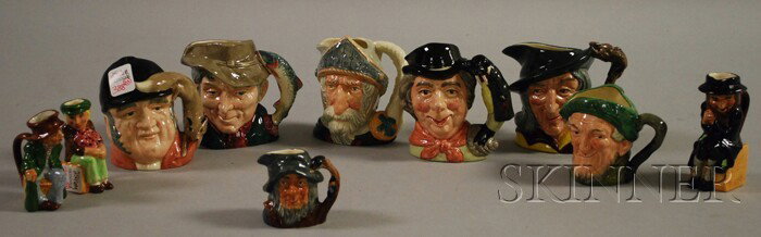 Seven Royal Doulton Ceramic Character Jugs and Thr: Seven Royal Doulton Ceramic Character Jugs and Three Artone Ceramic Toby Jugs, Royal Doulton ht. 2 3/4 to 4 in.