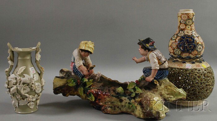 Italian Glazed Earthenware Figural Planter, a Japa: Italian Glazed Earthenware Figural Planter, a Japanese Reticulated Ceramic Table Lamp Base, and a Drabware-type Vase with Applied Decoration.