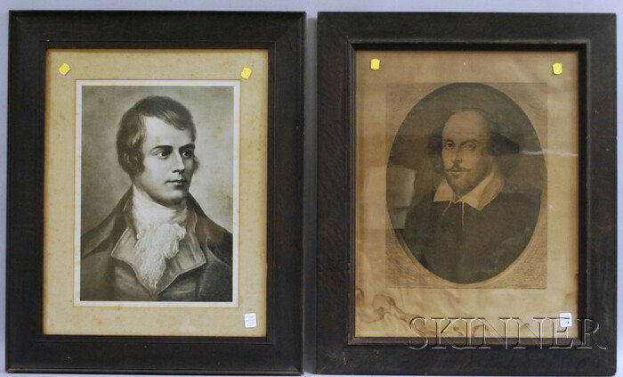 Two Oak-framed Engraved Portraits of William Shake: Two Oak-framed Engraved Portraits of William Shakespeare and Robert Burns, Shakespeare inscribed "WHW Bicknell sculp.," image size to 17 x 12 in., (staining, toning, foxing, mildew, not examined out o