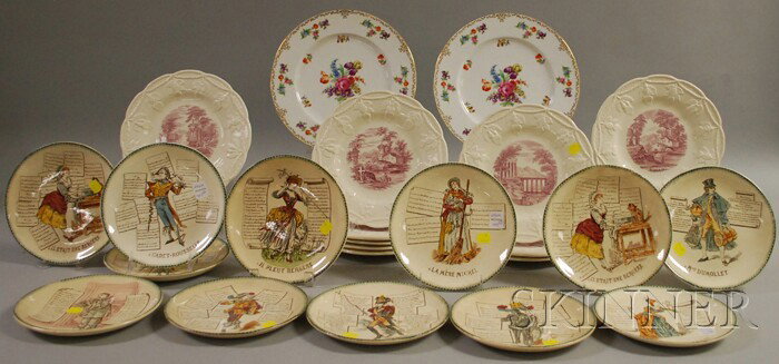 Set of Twelve French Transfer-decorated Ceramic Pl: Set of Twelve French Transfer-decorated Ceramic Plates, a Set of Ten Wedgwood Queen's Ware Plates, and a Pair of Noritake Dresdoll Pattern Porcelain Dinner Plates.