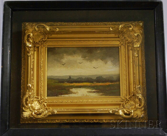 British School, 20th Century Flying Over the Marsh: British School, 20th Century Flying Over the Marshes. Indistinctly signed l.r. Oil on canvas, 4 x 5 3/4 in., framed and presented in a shadow box.
