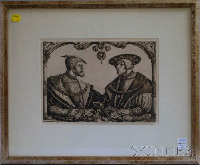 Attributed to Daniel Hopfer (Dutch, 1470-1536) Cha: Attributed to Daniel Hopfer (Dutch, 1470-1536) Charles V and Ferdinand I, modern impression. Etching on paper, image size 7 3/4 x 10 3/4 in., framed. Condition: Not examined out of frame. N