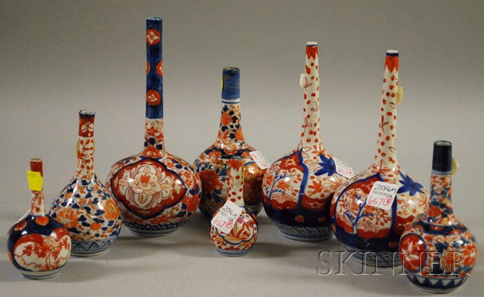 Eight Imari Porcelain Bottle Vases, including a pa: Eight Imari Porcelain Bottle Vases, including a pair, (good condition, some wear), ht. 3 5/8 to 8 1/4 in.