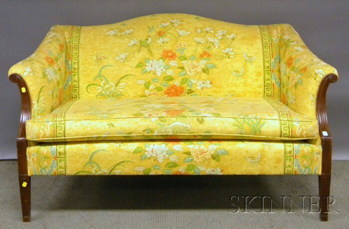 Georgian-style Oriental Pattern Printed Upholstere: Georgian-style Oriental Pattern Printed Upholstered Camel-back Settee, approx. lg. 58 in.