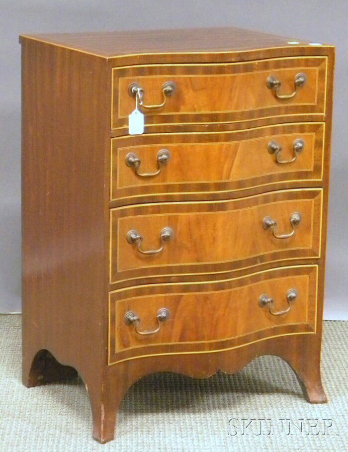 Diminutive Hepplewhite-style Inlaid Mahogany Venee: Diminutive Hepplewhite-style Inlaid Mahogany Veneer Serpentine Four-drawer Chest, ht. 28, wd. 19 1/4, dp. 15 1/2 in.
