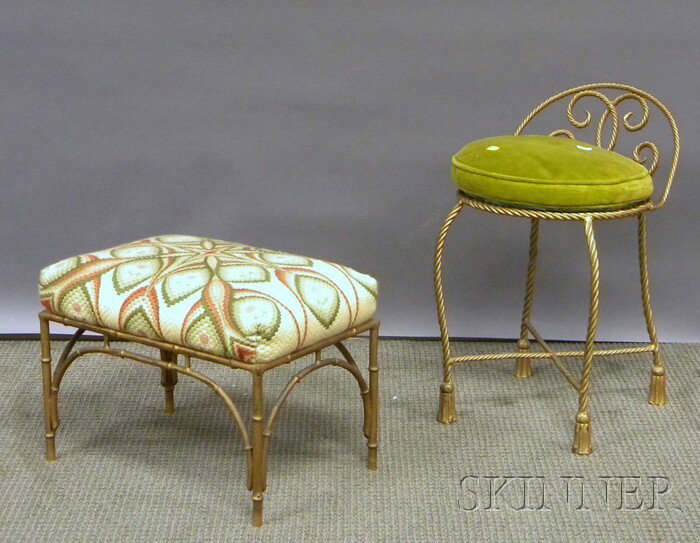 Gold-painted Metal Vanity Chair and Footstool.: Gold-painted Metal Vanity Chair and Footstool.